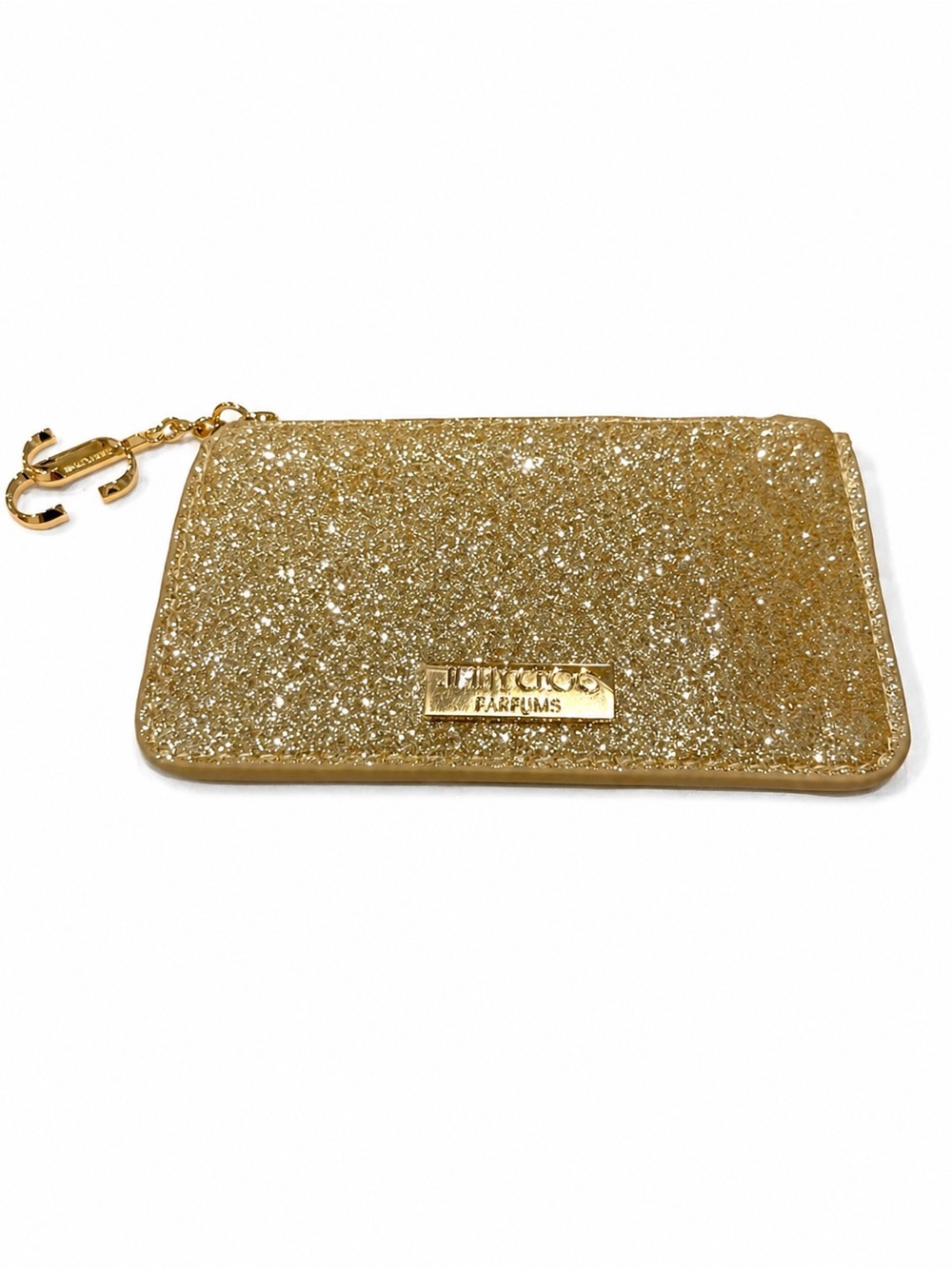 Jimmy Choo Gold Glitter Zip Pouch with Charm